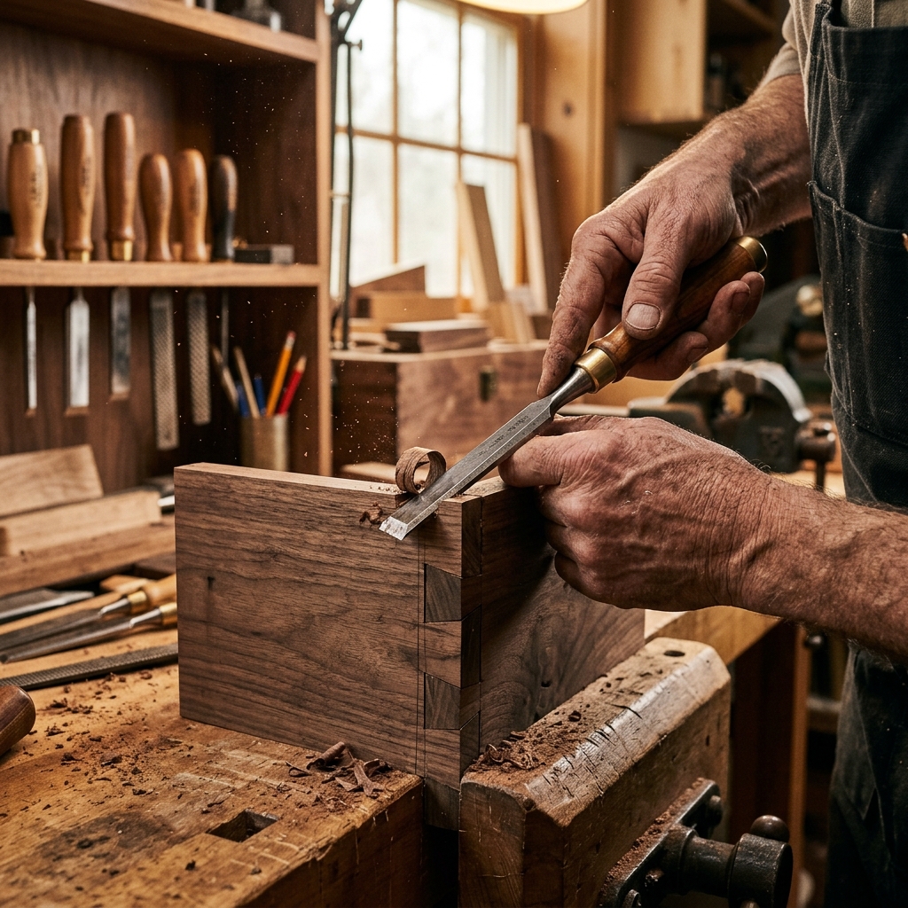 Craftsman working on dovetail joint